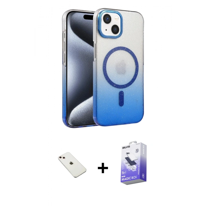 MARSİLYAN™- iPhone 14 Kılıf Ahenk Doku Özel Seri - Siyah Bilvis 5in1 5D Magic Hayalet Cam Ekran Koruyucu + Diamond Kamera Lens - PE