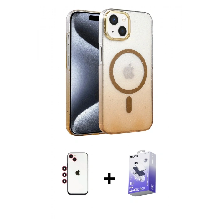 MARSİLYAN™- iPhone 14 Kılıf Ahenk Doku Özel Seri - Siyah Bilvis 5in1 5D Magic Hayalet Cam Ekran Koruyucu + Shine Kamera Lens - KI