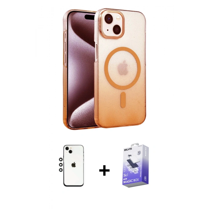 MARSİLYAN™- iPhone 14 Kılıf Ahenk Doku Özel Seri - Siyah Bilvis 5in1 5D Magic Hayalet Cam Ekran Koruyucu + Gümüş Shine Kamera Lens