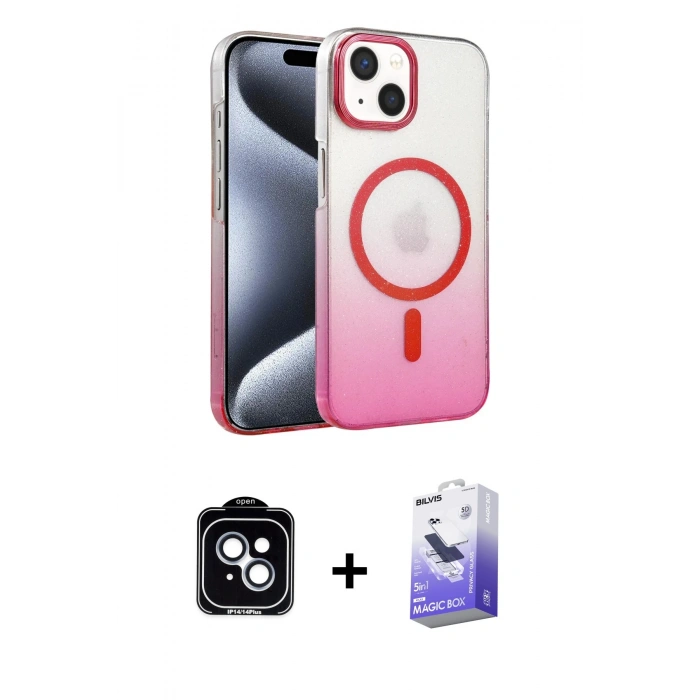 MARSİLYAN™- iPhone 14 Kılıf Ahenk Doku Özel Seri - Siyah Bilvis 5in1 5D Magic Hayalet Cam Ekran Koruyucu + PVD Metal Kamera Lens - MI