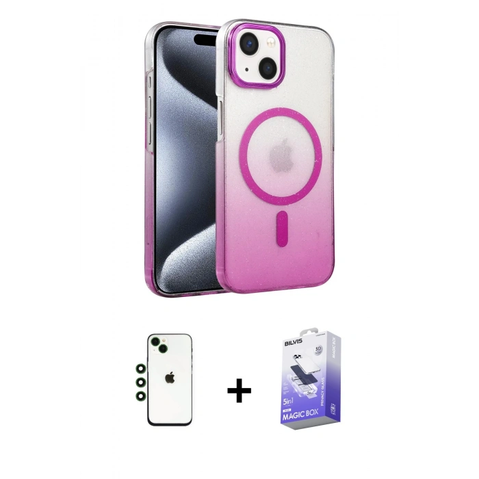 MARSİLYAN™- iPhone 14 Kılıf Ahenk Doku Özel Seri - Siyah Bilvis 5in1 5D Magic Hayalet Cam Ekran Koruyucu + Shine Kamera Lens - YL