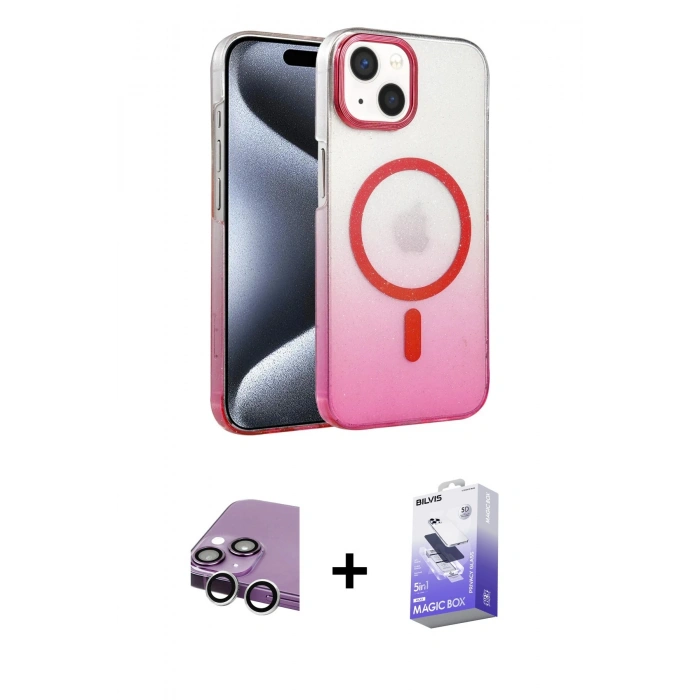 MARSİLYAN™- iPhone 14 Kılıf Ahenk Doku Özel Seri - Siyah Bilvis 5in1 5D Magic Hayalet Cam Ekran Koruyucu + Raze Metal Kamera Lens - GS