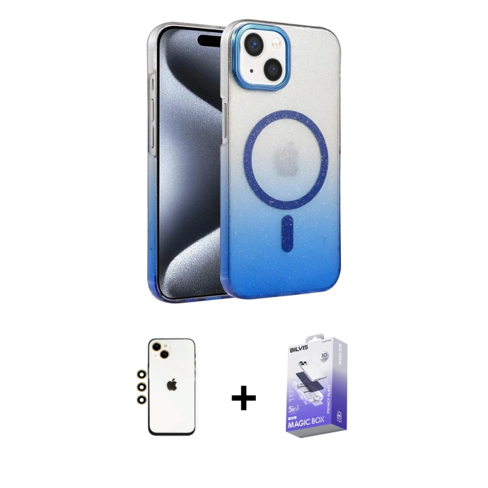 MARSİLYAN™- iPhone 14 Kılıf Ahenk Doku Özel Seri - Siyah Bilvis 5in1 5D Magic Hayalet Cam Ekran Koruyucu + Shine Kamera Lens - GD
