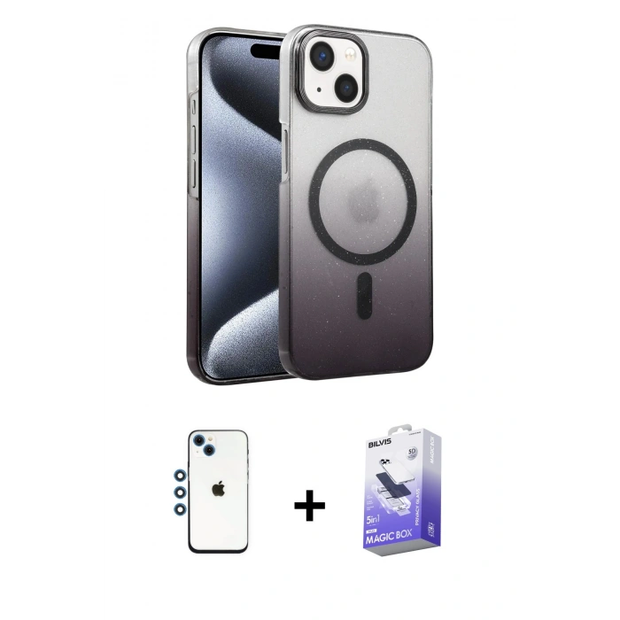 MARSİLYAN™- iPhone 14 Kılıf Ahenk Doku Özel Seri - Siyah Bilvis 5in1 5D Magic Hayalet Cam Ekran Koruyucu + Shine Kamera Lens - MI