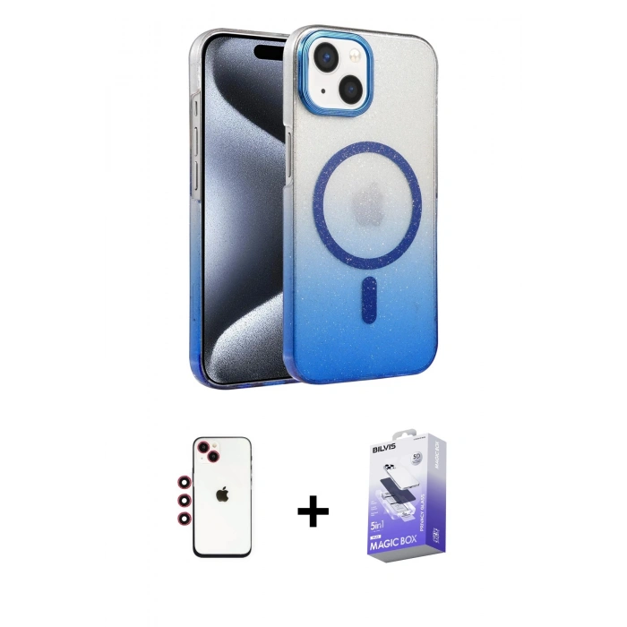 MARSİLYAN™- iPhone 14 Kılıf Ahenk Doku Özel Seri - Siyah Bilvis 5in1 5D Magic Hayalet Cam Ekran Koruyucu + Shine Kamera Lens - KI