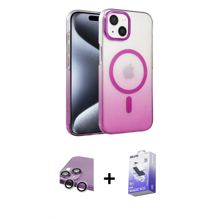 MARSİLYAN™- iPhone 14 Kılıf Ahenk Doku Özel Seri - Siyah Bilvis 5in1 5D Magic Hayalet Cam Ekran Koruyucu + Raze Metal Kamera Lens - GS