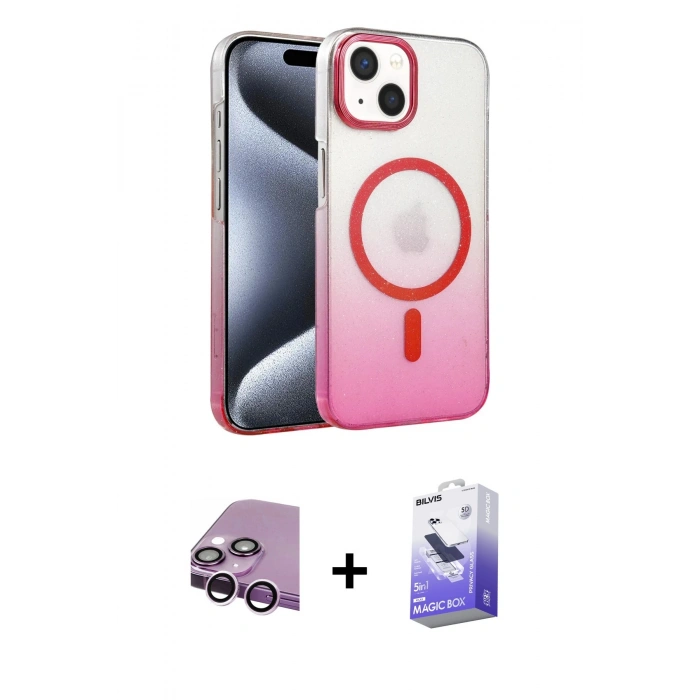 MARSİLYAN™- iPhone 14 Kılıf Ahenk Doku Özel Seri - Siyah Bilvis 5in1 5D Magic Hayalet Cam Ekran Koruyucu + Raze Metal Kamera Lens - MR