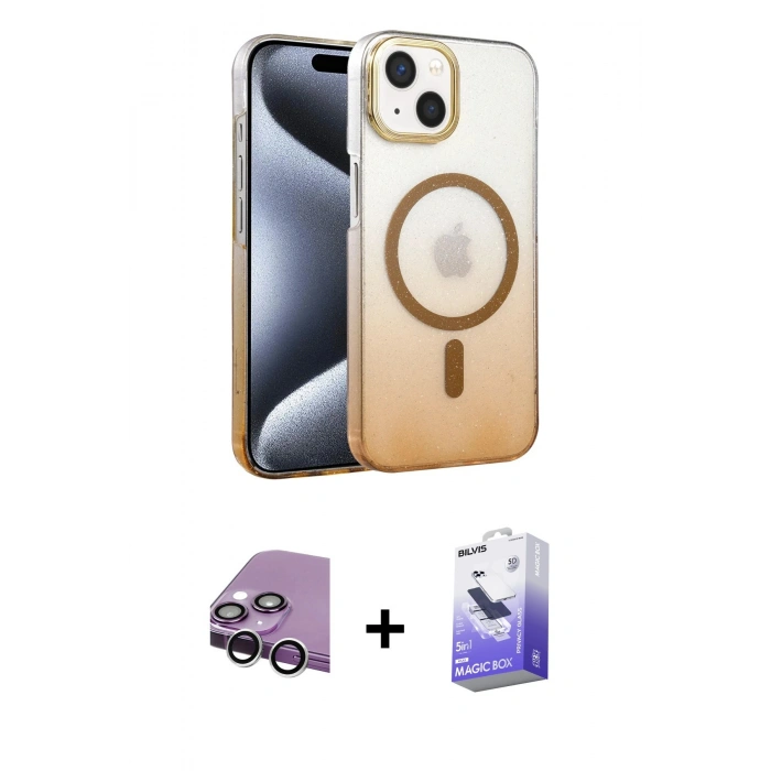 MARSİLYAN™- iPhone 14 Kılıf Ahenk Doku Özel Seri - Siyah Bilvis 5in1 5D Magic Hayalet Cam Ekran Koruyucu + Raze Metal Kamera Lens - GS
