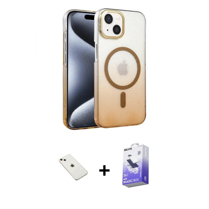 MARSİLYAN™- iPhone 14 Kılıf Ahenk Doku Özel Seri - Siyah Bilvis 5in1 5D Magic Hayalet Cam Ekran Koruyucu + Diamond Kamera Lens - PE