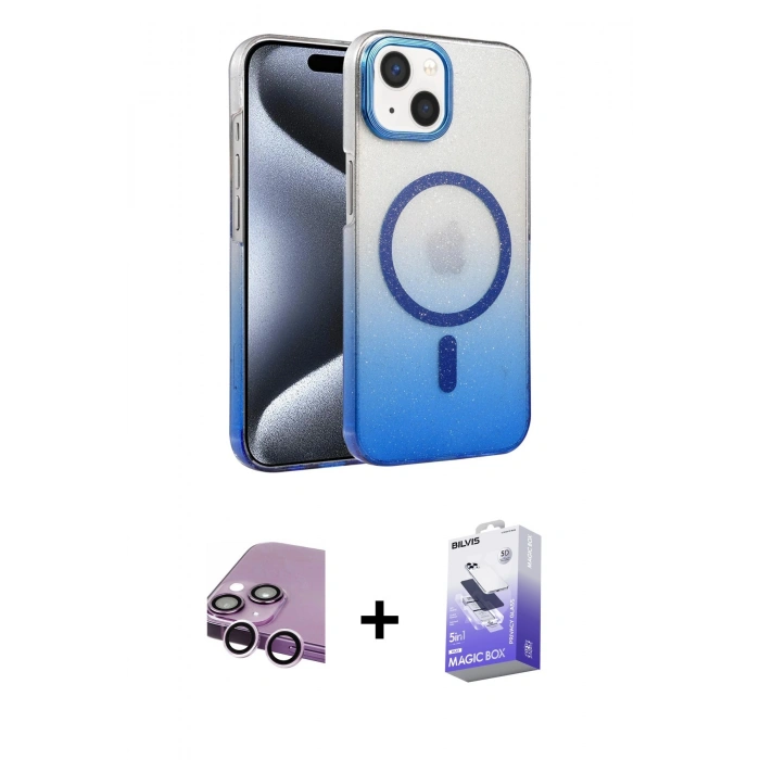 MARSİLYAN™- iPhone 14 Kılıf Ahenk Doku Özel Seri - Siyah Bilvis 5in1 5D Magic Hayalet Cam Ekran Koruyucu + Raze Metal Kamera Lens - MR