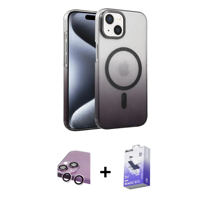 MARSİLYAN™- iPhone 14 Kılıf Ahenk Doku Özel Seri - Siyah Bilvis 5in1 5D Magic Hayalet Cam Ekran Koruyucu + Raze Metal Kamera Lens - MR