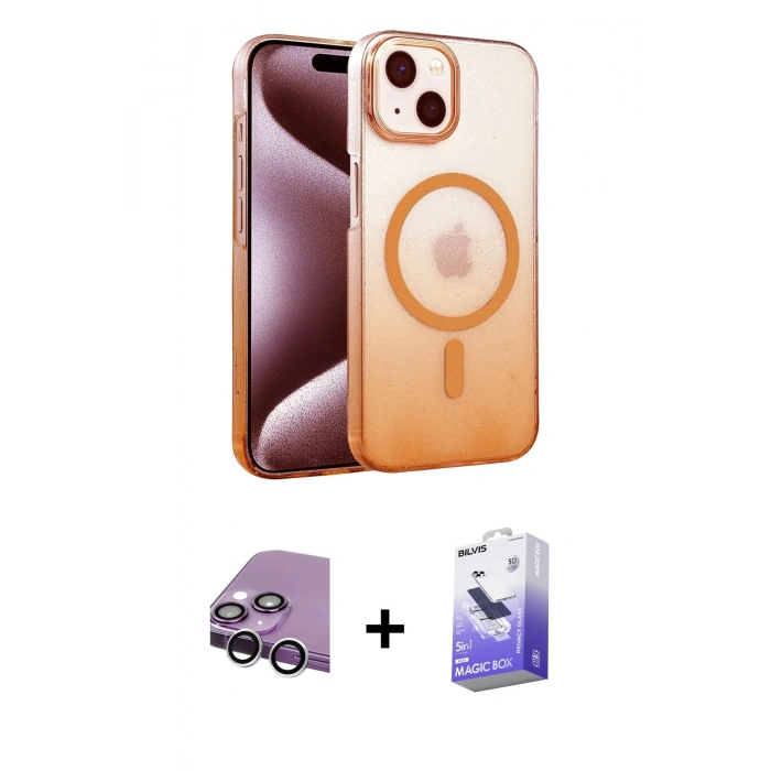 MARSİLYAN™- iPhone 14 Kılıf Ahenk Doku Özel Seri - Siyah Bilvis 5in1 5D Magic Hayalet Cam Ekran Koruyucu + Raze Metal Kamera Lens - GS