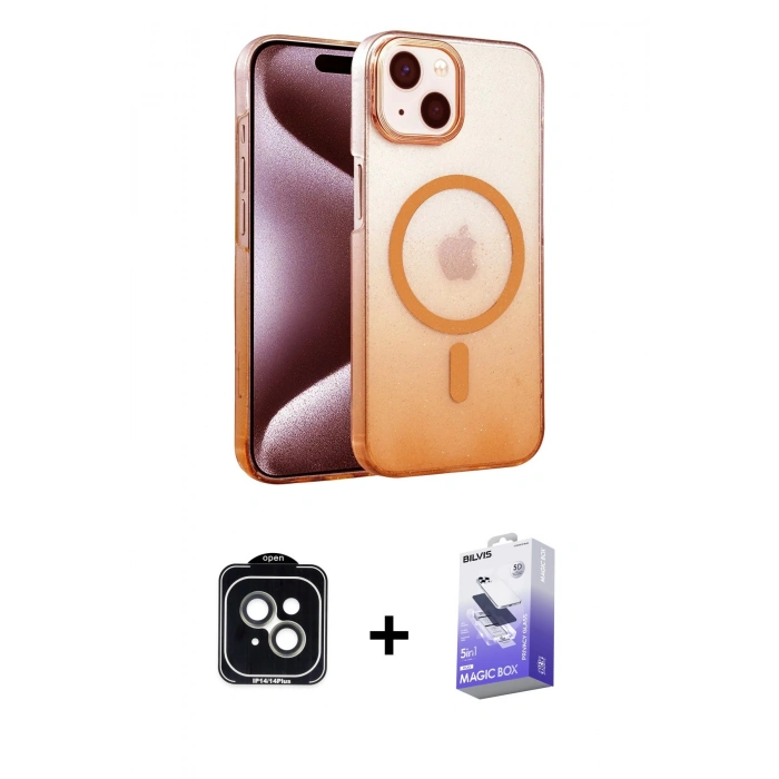 MARSİLYAN™- iPhone 14 Kılıf Ahenk Doku Özel Seri - Siyah Bilvis 5in1 5D Magic Hayalet Cam Ekran Koruyucu + PVD Metal Kamera Lens - YL