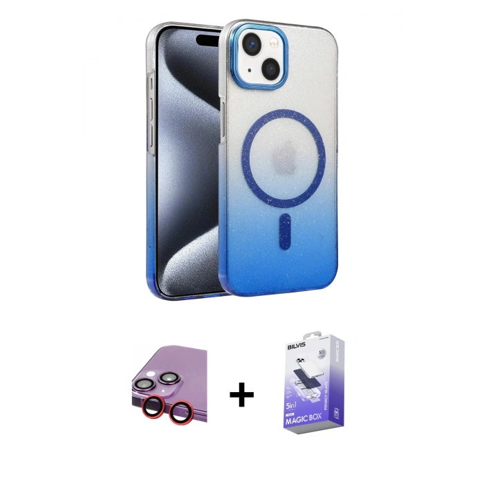 MARSİLYAN™- iPhone 14 Kılıf Ahenk Doku Özel Seri - Siyah Bilvis 5in1 5D Magic Hayalet Cam Ekran Koruyucu + Raze Metal Kamera Lens - KI