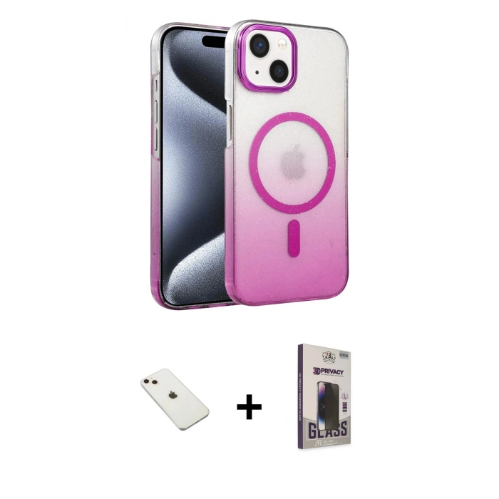 MARSİLYAN™- iPhone 14 Kılıf Ahenk Doku Özel Seri - Siyah Bilvis Hayalet Cam Ekran Koruyucu + Diamond Kamera Lens - PE