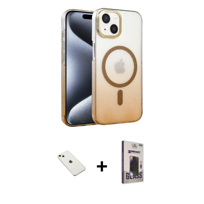 MARSİLYAN™- iPhone 14 Kılıf Ahenk Doku Özel Seri - Siyah Bilvis Hayalet Cam Ekran Koruyucu + Diamond Kamera Lens - PE