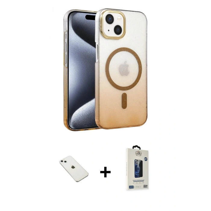 MARSİLYAN™- iPhone 14 Kılıf Ahenk Doku Özel Seri - Siyah Bilvis Hayalet Cam Ekran Koruyucu + Diamond Kamera Lens - SABE