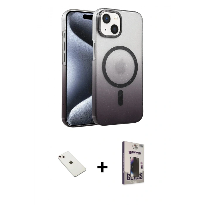 MARSİLYAN™- iPhone 14 Kılıf Ahenk Doku Özel Seri - Siyah Bilvis Hayalet Cam Ekran Koruyucu + Diamond Kamera Lens - PE