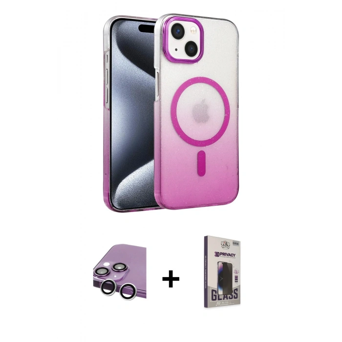 MARSİLYAN™- iPhone 14 Kılıf Ahenk Doku Özel Seri - Siyah Bilvis Hayalet Cam Ekran Koruyucu + Raze Metal Kamera Lens - GS