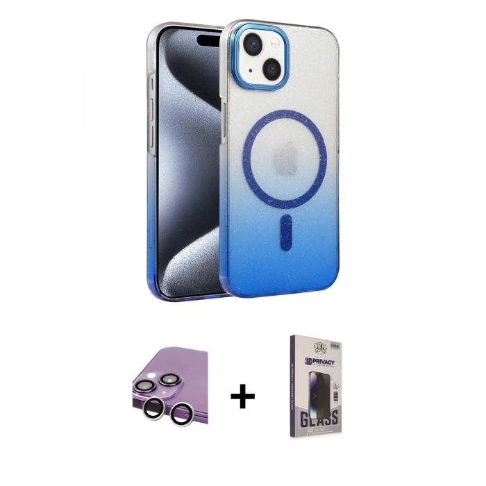 MARSİLYAN™- iPhone 14 Kılıf Ahenk Doku Özel Seri - Siyah Bilvis Hayalet Cam Ekran Koruyucu + Raze Metal Kamera Lens - GS