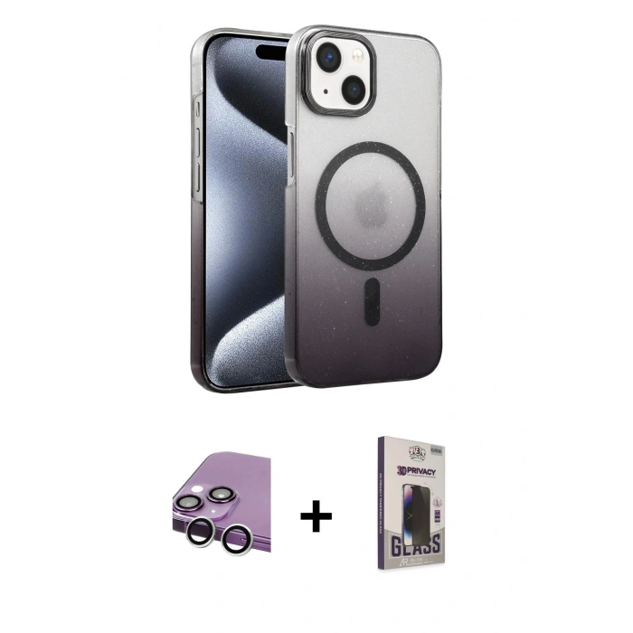 MARSİLYAN™- iPhone 14 Kılıf Ahenk Doku Özel Seri - Siyah Bilvis Hayalet Cam Ekran Koruyucu + Raze Metal Kamera Lens - GS