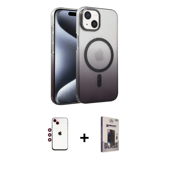 MARSİLYAN™- iPhone 14 Kılıf Ahenk Doku Özel Seri - Siyah Bilvis Hayalet Cam Ekran Koruyucu + Shine Kamera Lens - KI