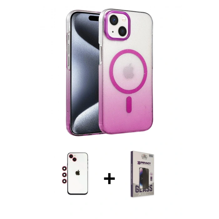 MARSİLYAN™- iPhone 14 Kılıf Ahenk Doku Özel Seri - Siyah Bilvis Hayalet Cam Ekran Koruyucu + Shine Kamera Lens - KI