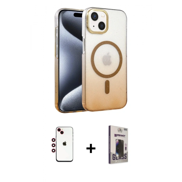 MARSİLYAN™- iPhone 14 Kılıf Ahenk Doku Özel Seri - Siyah Bilvis Hayalet Cam Ekran Koruyucu + Shine Kamera Lens - KI