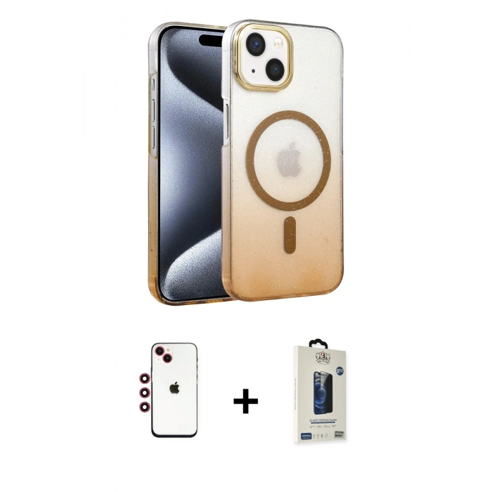 MARSİLYAN™- iPhone 14 Kılıf Ahenk Doku Özel Seri - Siyah Bilvis Hayalet Cam Ekran Koruyucu + Shine Kamera Lens - KI