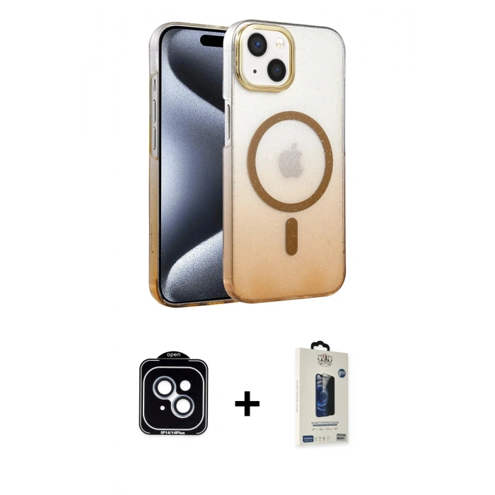 MARSİLYAN™- iPhone 14 Kılıf Ahenk Doku Özel Seri - Siyah Bilvis Hayalet Cam Ekran Koruyucu + PVD Metal Kamera Lens - MI