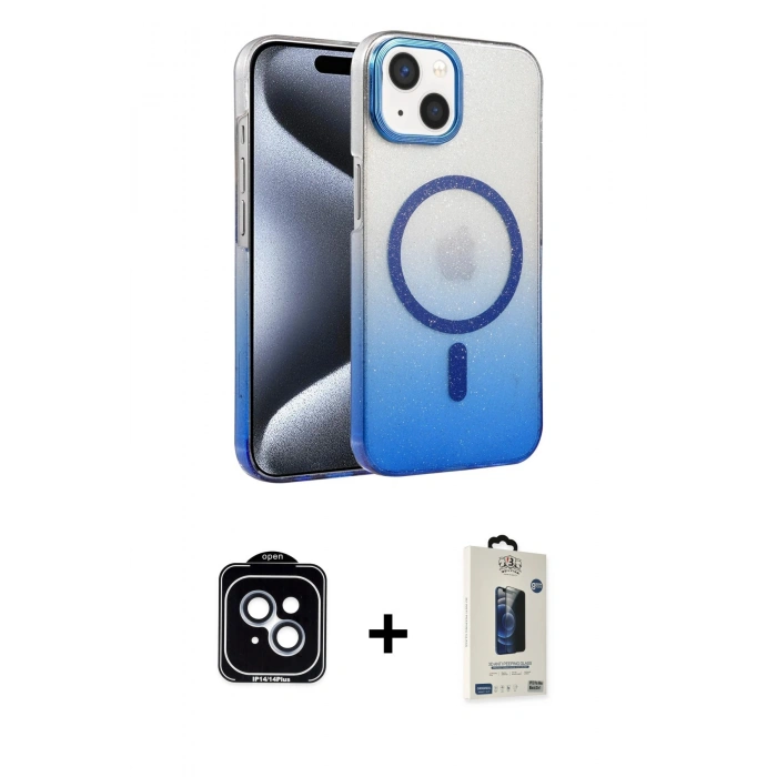 MARSİLYAN™- iPhone 14 Kılıf Ahenk Doku Özel Seri - Siyah Bilvis Hayalet Cam Ekran Koruyucu + PVD Metal Kamera Lens - MI
