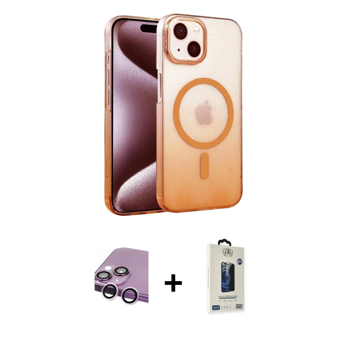 MARSİLYAN™- iPhone 14 Kılıf Ahenk Doku Özel Seri - Siyah Bilvis Hayalet Cam Ekran Koruyucu + Raze Metal Kamera Lens - MR