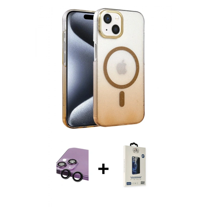 MARSİLYAN™- iPhone 14 Kılıf Ahenk Doku Özel Seri - Siyah Bilvis Hayalet Cam Ekran Koruyucu + Raze Metal Kamera Lens - SH