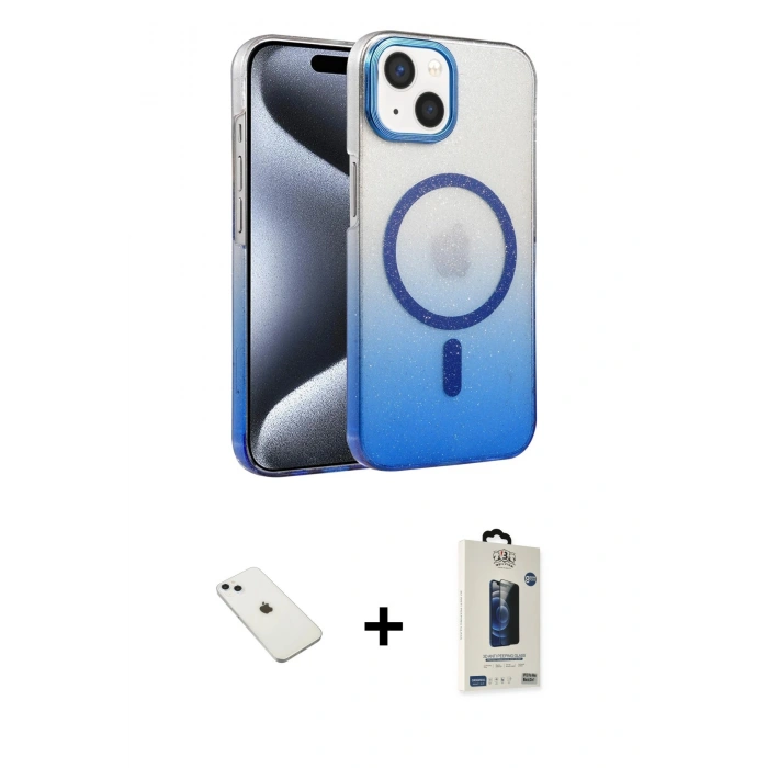 MARSİLYAN™- iPhone 14 Kılıf Ahenk Doku Özel Seri - Siyah Bilvis Hayalet Cam Ekran Koruyucu + Diamond Kamera Lens - SABE