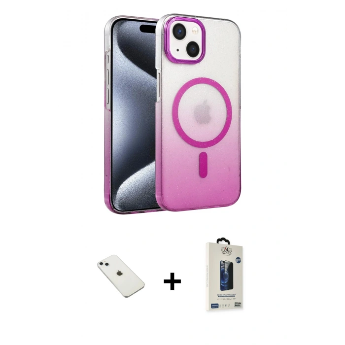 MARSİLYAN™- iPhone 14 Kılıf Ahenk Doku Özel Seri - Siyah Bilvis Hayalet Cam Ekran Koruyucu + Diamond Kamera Lens - SABE