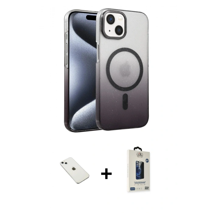 MARSİLYAN™- iPhone 14 Kılıf Ahenk Doku Özel Seri - Siyah Bilvis Hayalet Cam Ekran Koruyucu + Diamond Kamera Lens - SABE