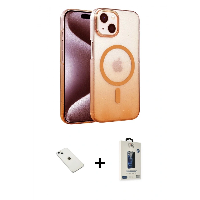 MARSİLYAN™- iPhone 14 Kılıf Ahenk Doku Özel Seri - Siyah Bilvis Hayalet Cam Ekran Koruyucu + Diamond Kamera Lens - SABE