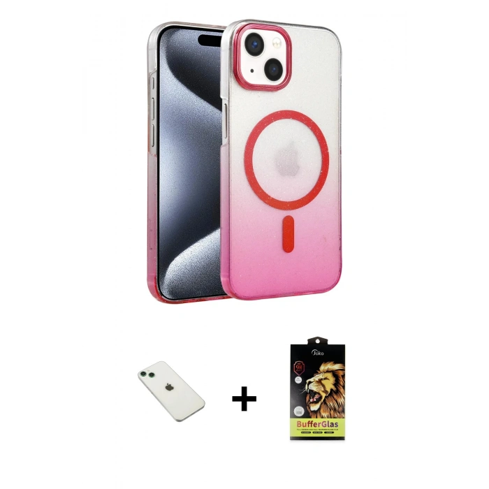 MARSİLYAN™- iPhone 14 Kılıf Ahenk Doku Özel Seri - Siyah Buffer Cam Ekran Koruyucu + Diamond Kamera Lens - YL