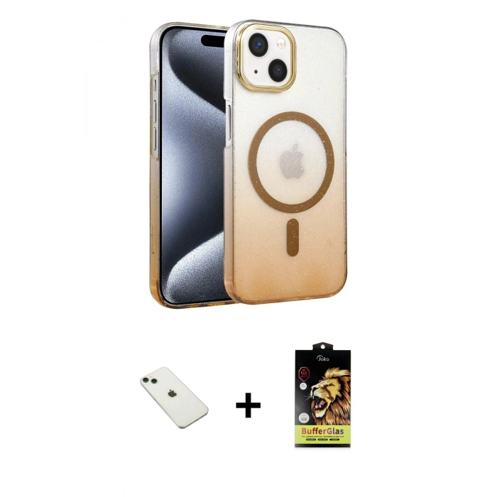 MARSİLYAN™- iPhone 14 Kılıf Ahenk Doku Özel Seri - Siyah Buffer Cam Ekran Koruyucu + Diamond Kamera Lens - YL