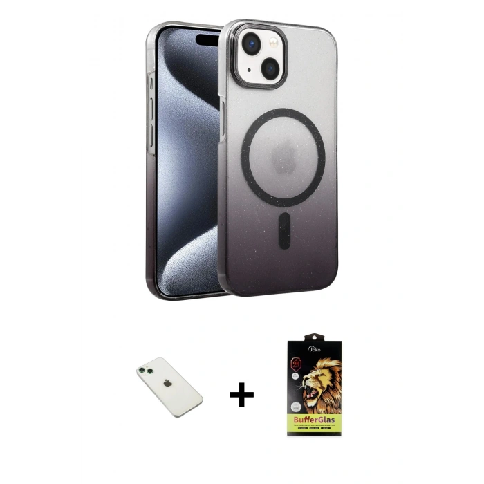 MARSİLYAN™- iPhone 14 Kılıf Ahenk Doku Özel Seri - Siyah Buffer Cam Ekran Koruyucu + Diamond Kamera Lens - YL