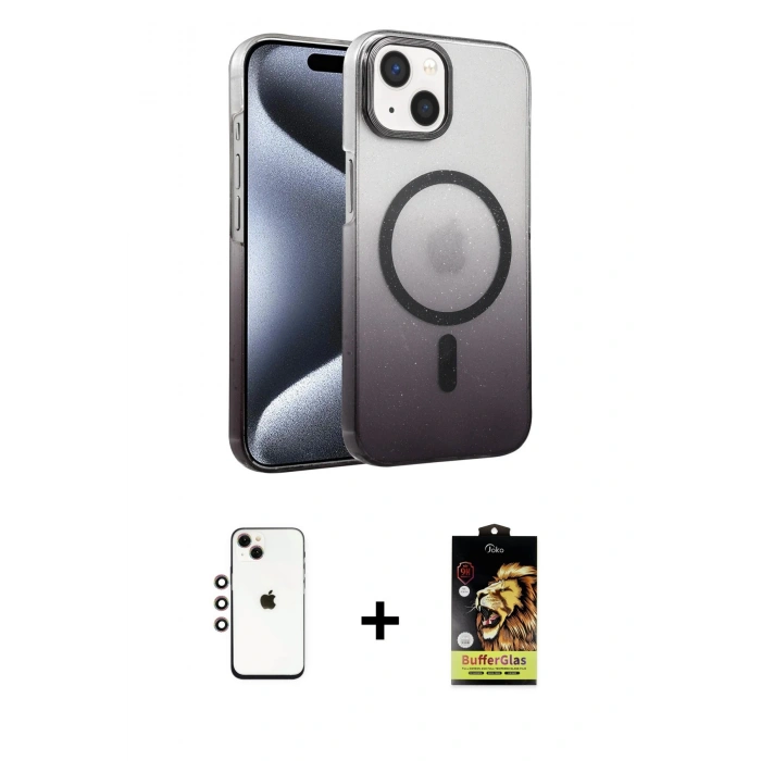 MARSİLYAN™- iPhone 14 Kılıf Ahenk Doku Özel Seri - Siyah Buffer Cam Ekran Koruyucu + Gökkuşağı Shine Kamera Lens