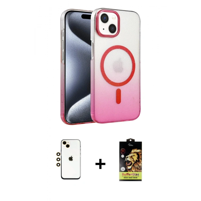 MARSİLYAN™- iPhone 14 Kılıf Ahenk Doku Özel Seri - Siyah Buffer Cam Ekran Koruyucu + Shine Kamera Lens - GD