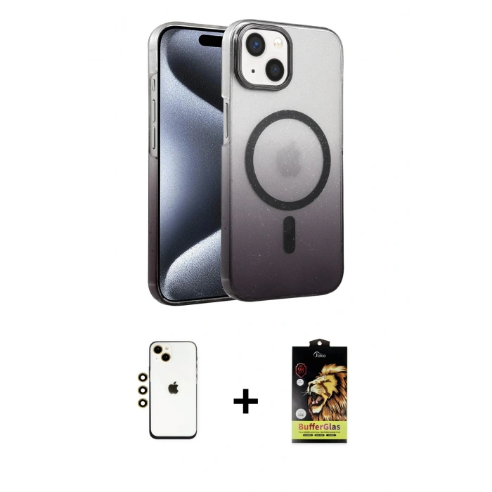 MARSİLYAN™- iPhone 14 Kılıf Ahenk Doku Özel Seri - Siyah Buffer Cam Ekran Koruyucu + Shine Kamera Lens - GD