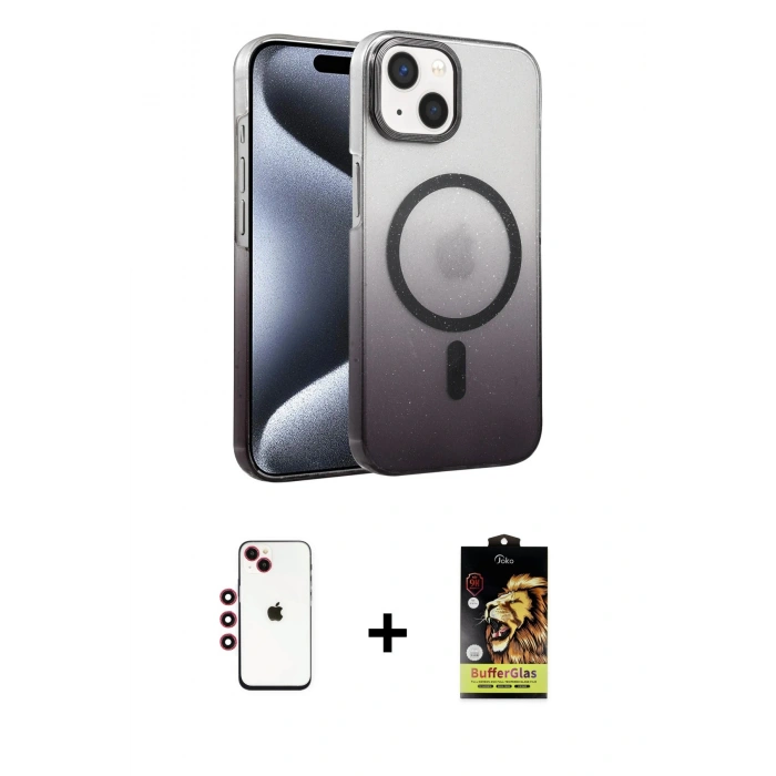 MARSİLYAN™- iPhone 14 Kılıf Ahenk Doku Özel Seri - Siyah Buffer Cam Ekran Koruyucu + Kırmızı Shine Kamera Lens