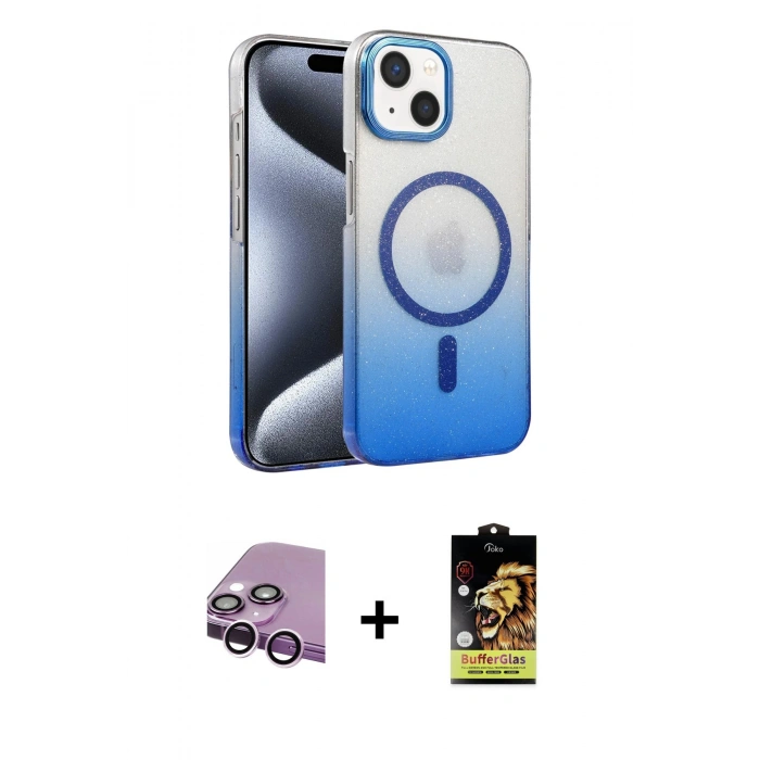 MARSİLYAN™- iPhone 14 Kılıf Ahenk Doku Özel Seri - Siyah Buffer Cam Ekran Koruyucu + Mor Raze Metal Kamera Lens