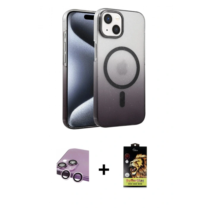 MARSİLYAN™- iPhone 14 Kılıf Ahenk Doku Özel Seri - Siyah Buffer Cam Ekran Koruyucu + Mor Raze Metal Kamera Lens