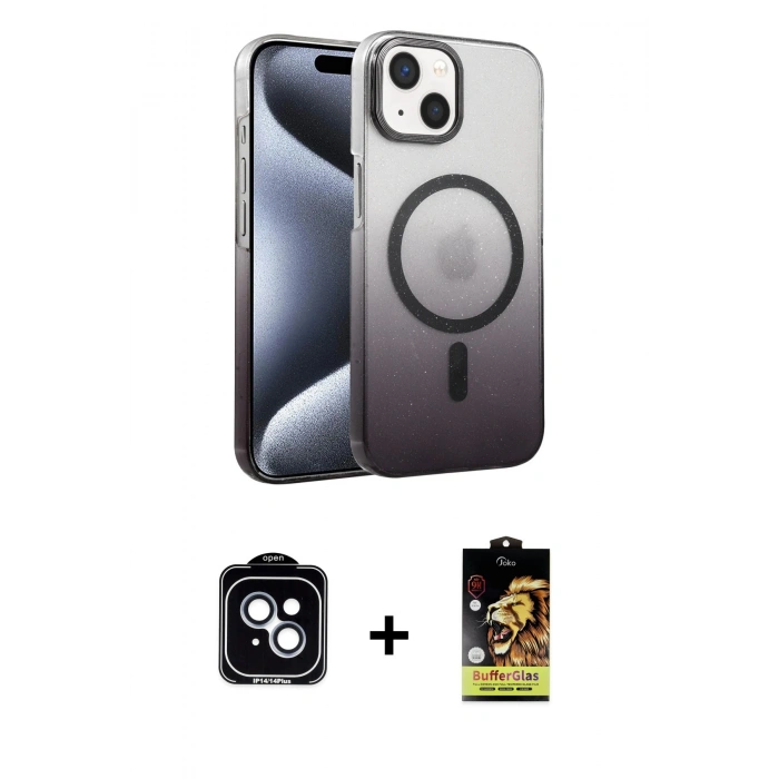 MARSİLYAN™- iPhone 14 Kılıf Ahenk Doku Özel Seri - Siyah Buffer Cam Ekran Koruyucu + PVD Metal Kamera Lens - MI