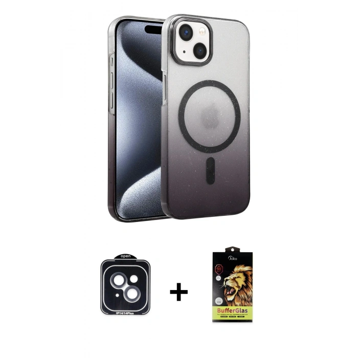 MARSİLYAN™- iPhone 14 Kılıf Ahenk Doku Özel Seri - Siyah Buffer Cam Ekran Koruyucu + PVD Metal Kamera Lens - SH