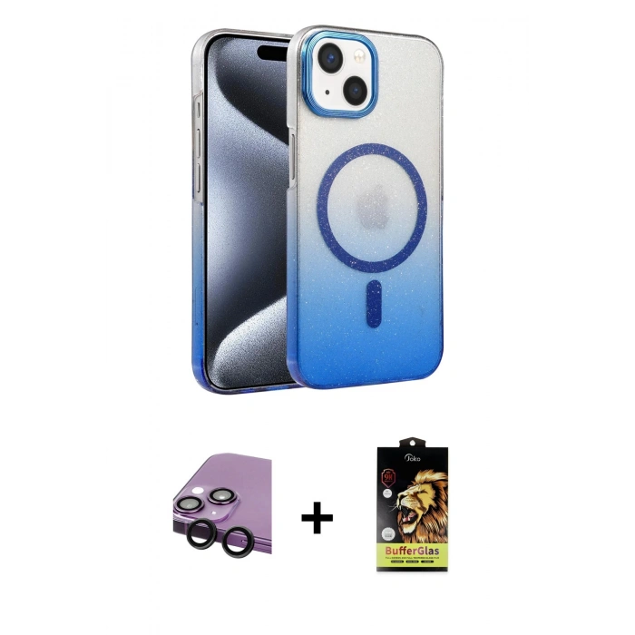 MARSİLYAN™- iPhone 14 Kılıf Ahenk Doku Özel Seri - Siyah Buffer Cam Ekran Koruyucu + Raze Metal Kamera Lens - SH