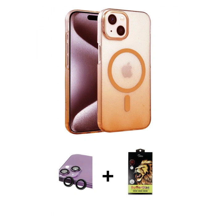 MARSİLYAN™- iPhone 14 Kılıf Ahenk Doku Özel Seri - Siyah Buffer Cam Ekran Koruyucu + Raze Metal Kamera Lens - SH